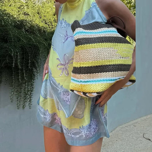 Pattern Printed Sleeveless Hollow Two Piece Set Summer Bohemian Women Holiday Outfit Casual Halter Lace Up Top+Shorts Beach Suit