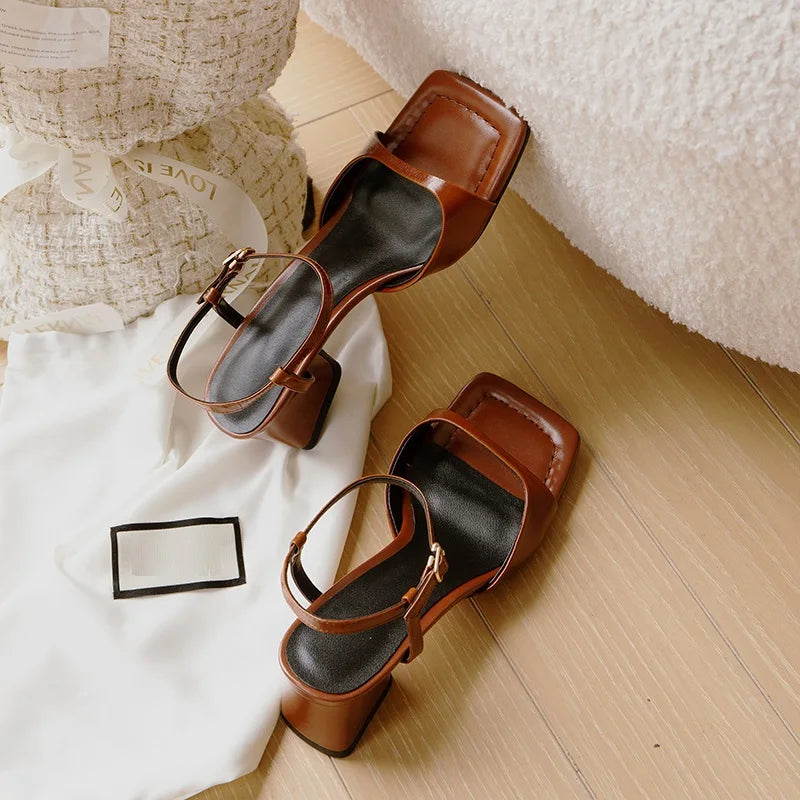 Summer Narrow Band Elegant Square Heel Sandals for Women