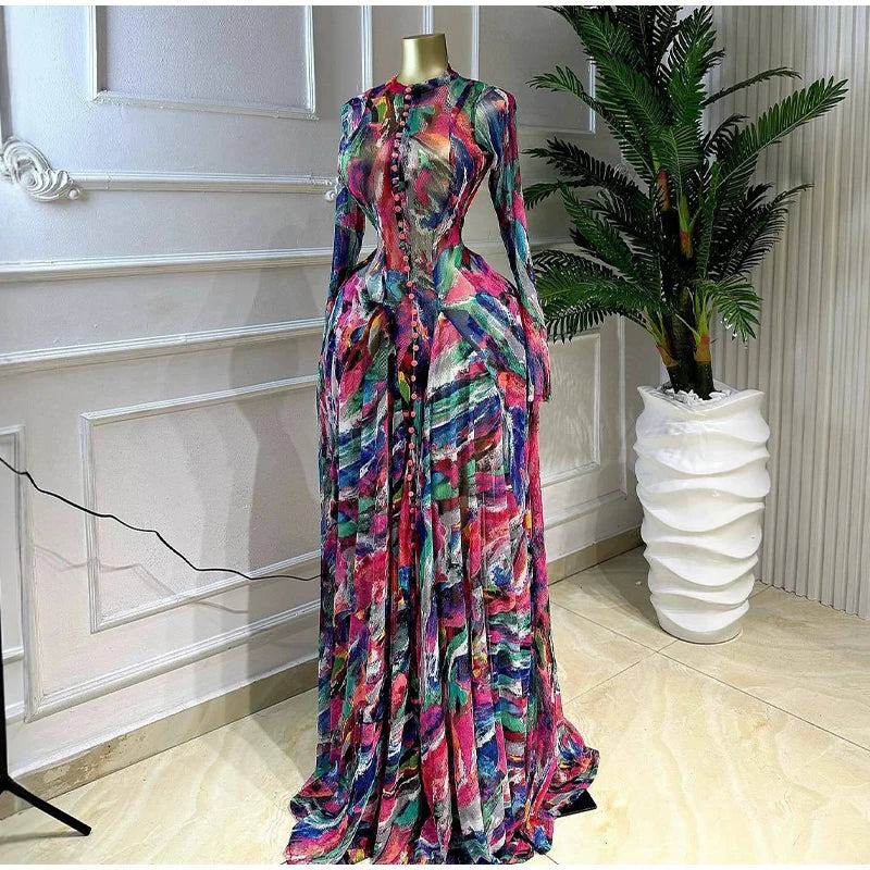 Chic O-Neck Printed Long Sleeve Casual Summer Dress for Women