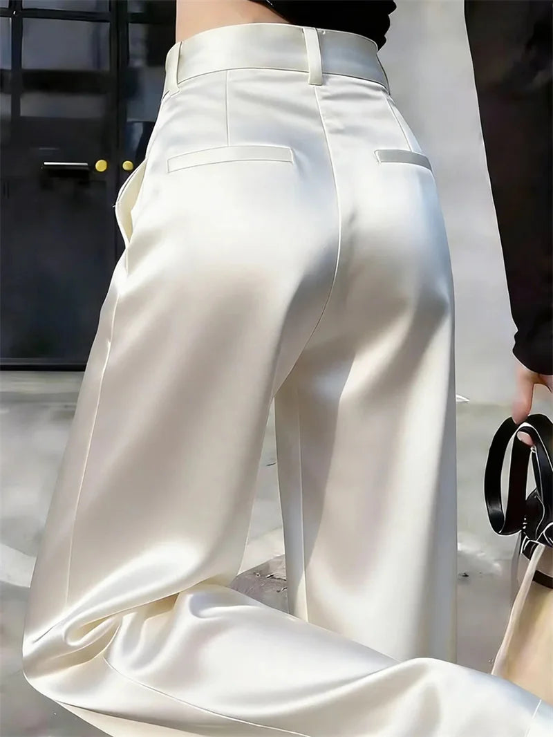 High Waist Solid Color Satin Wide Leg Trousers For Women