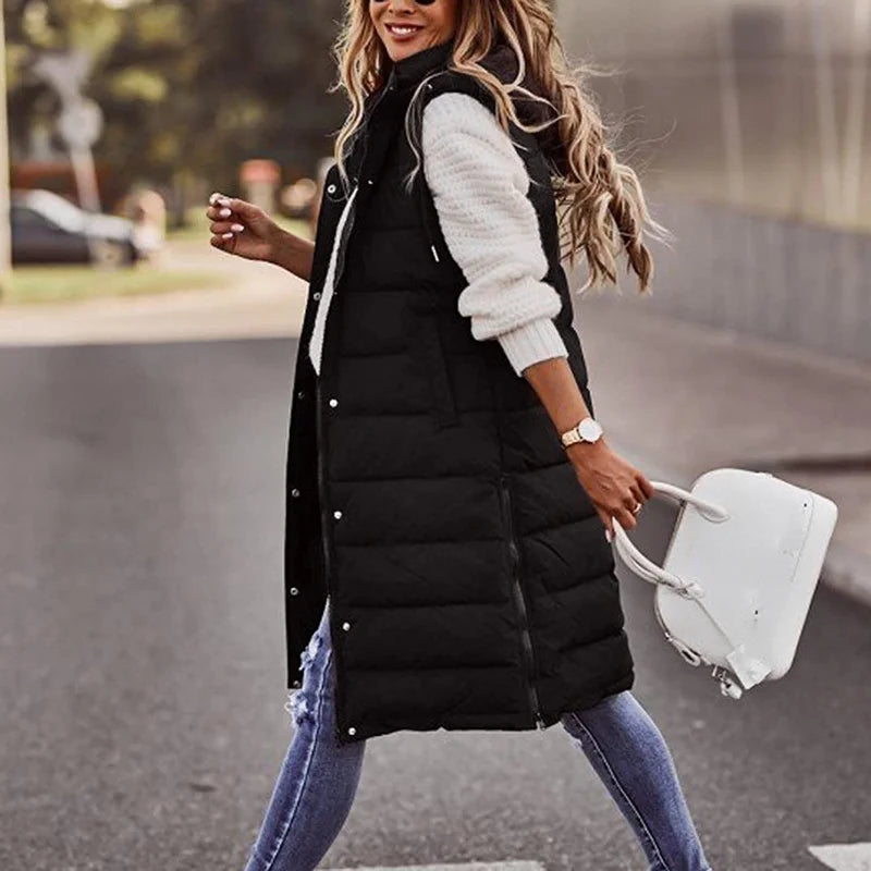 Warm Hooded Longline Sleeveless Vest Coat for Women