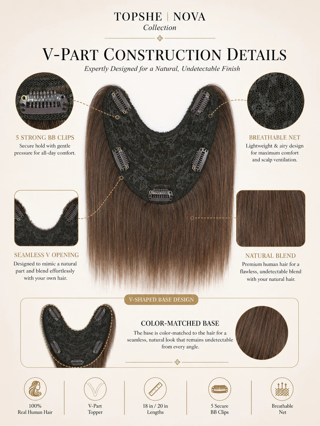 Natural Brown Straight V Part Human Hair Blend Topper for Women