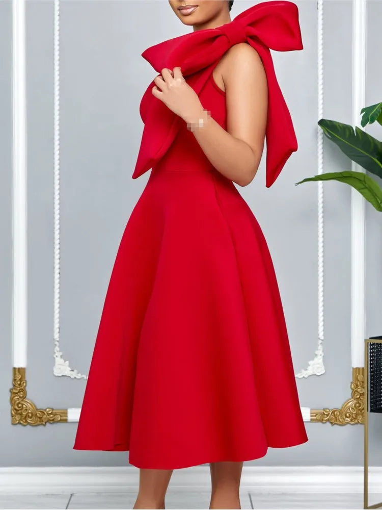 Dress One Shoulder A Line Pleated Knee Length Sleeveless Bow Belt Elegant Party Style
