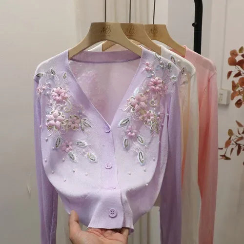 French Exquisite Embroidered Flowers V-neck Short Knitted Top Women Summer Fashion Retro Artistic Thin Sun Protection Cardigan