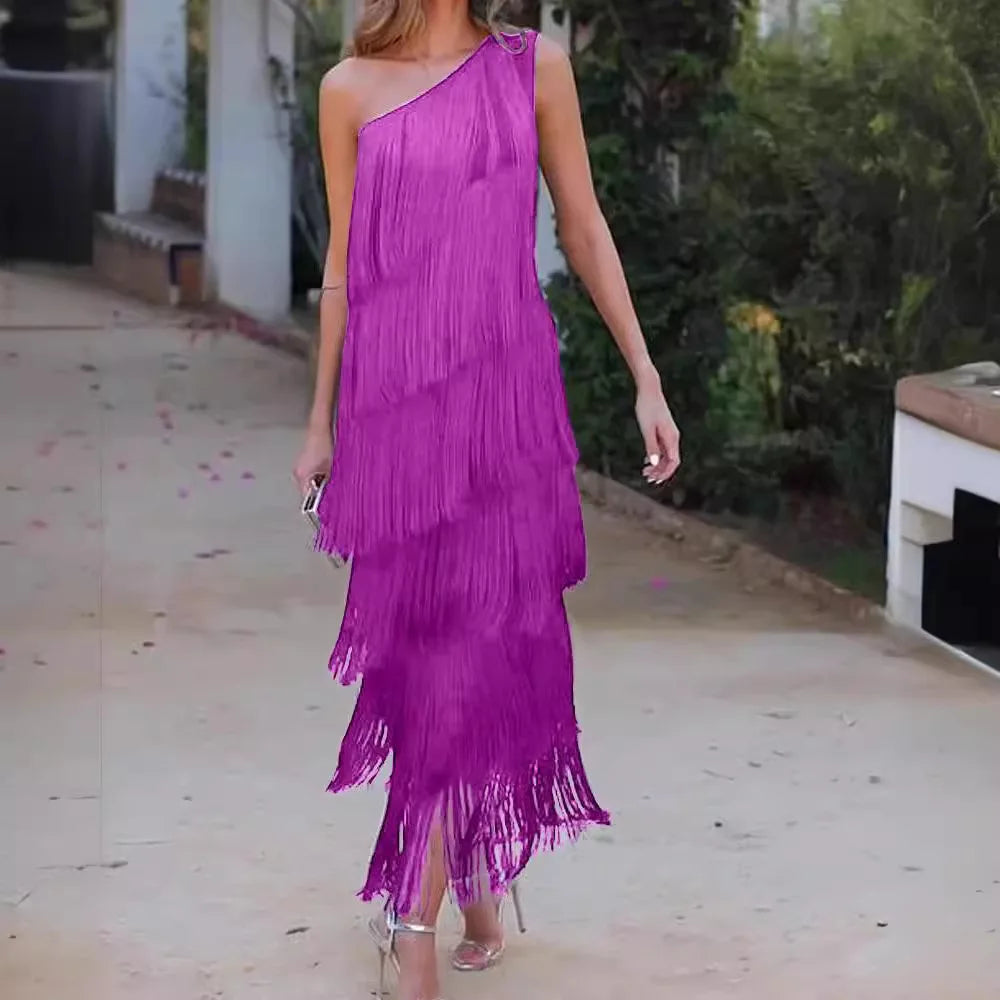 Diagonal Collar Tassel Sleeveless Summer Dress for Women