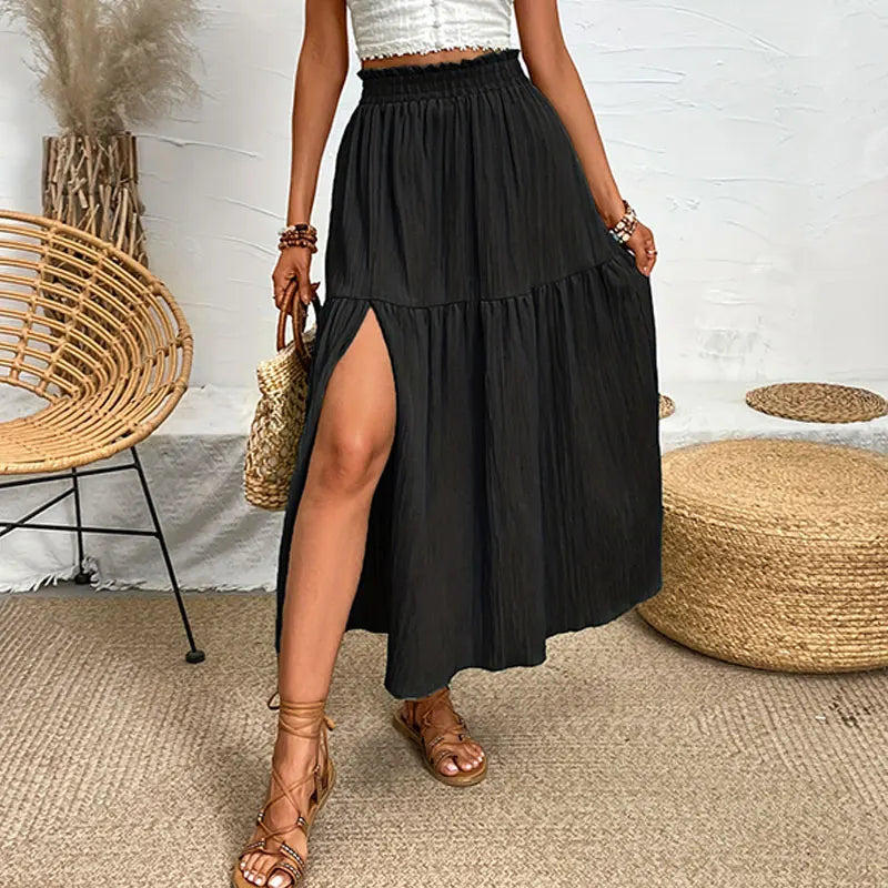 New Women Skirt Fashion Bohemian Midi Skirt High Waist Solid A Line Ruffle Skirt Casual Side Slit Beach Skirts 3 Colors Skort