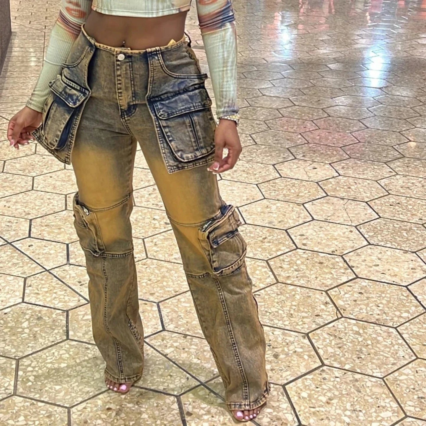 hirigin Summer Women Fashion Multi Pocket Straight Zipper Fly Denim Pants Y2K Vintage Streetwear Cargo Wide Leg Jeans