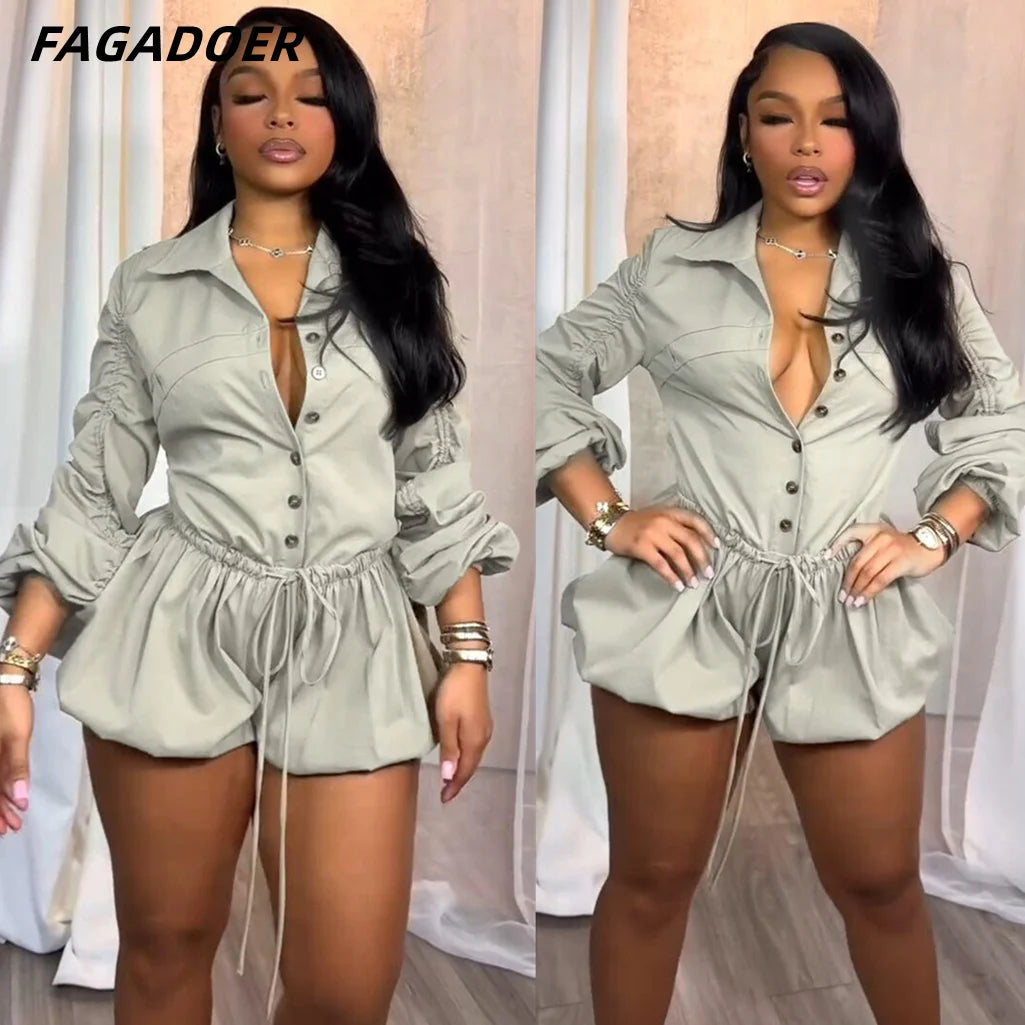 Elegant Ruched Drawstring Lantern Sleeve Romper for Women