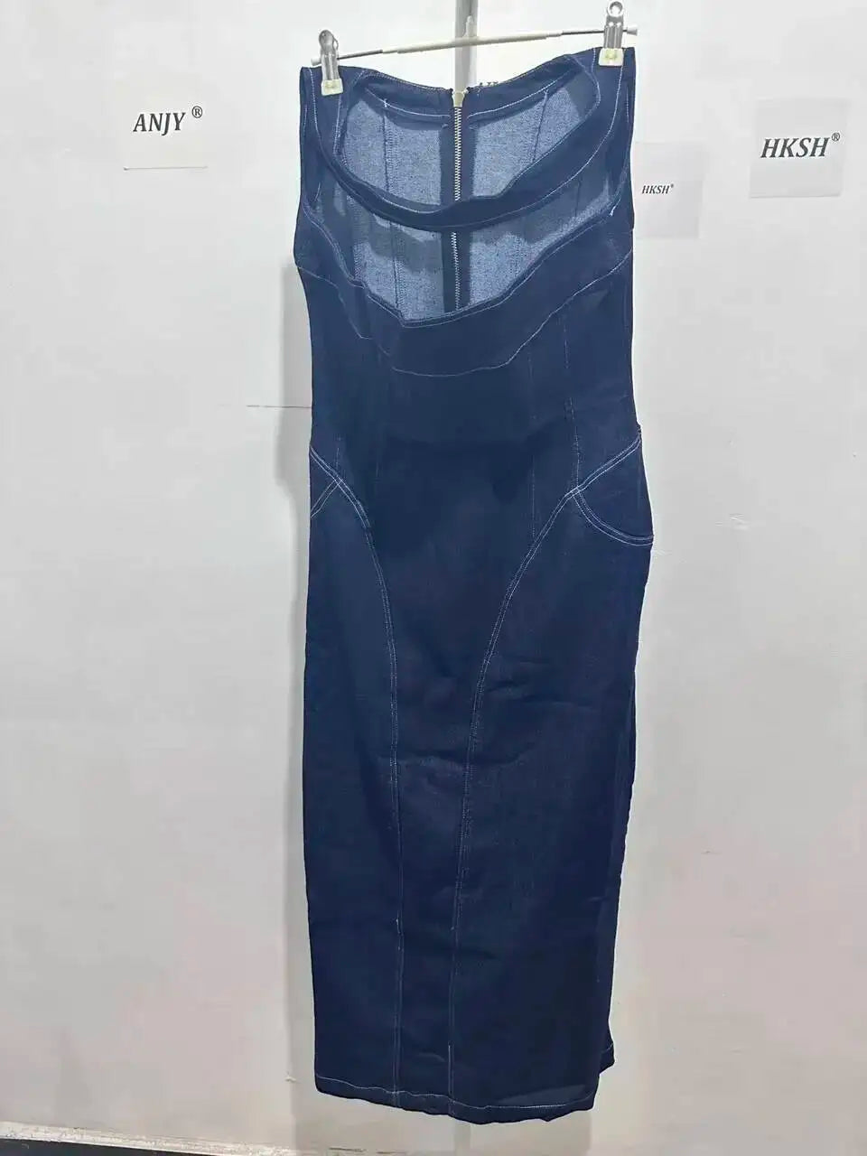 ANJY Summer New Women's Tide High Street Y2K Chic Trendy Sleeveless Halter Neck Backless Waist Cinching Zipper Denim Dress A8053