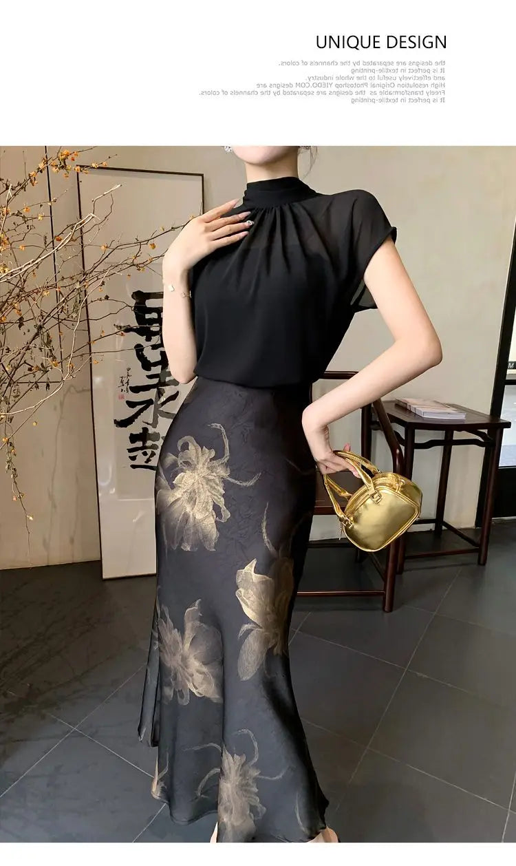 Chiffon Stand Collar Black Printed Three Piece Set for Women