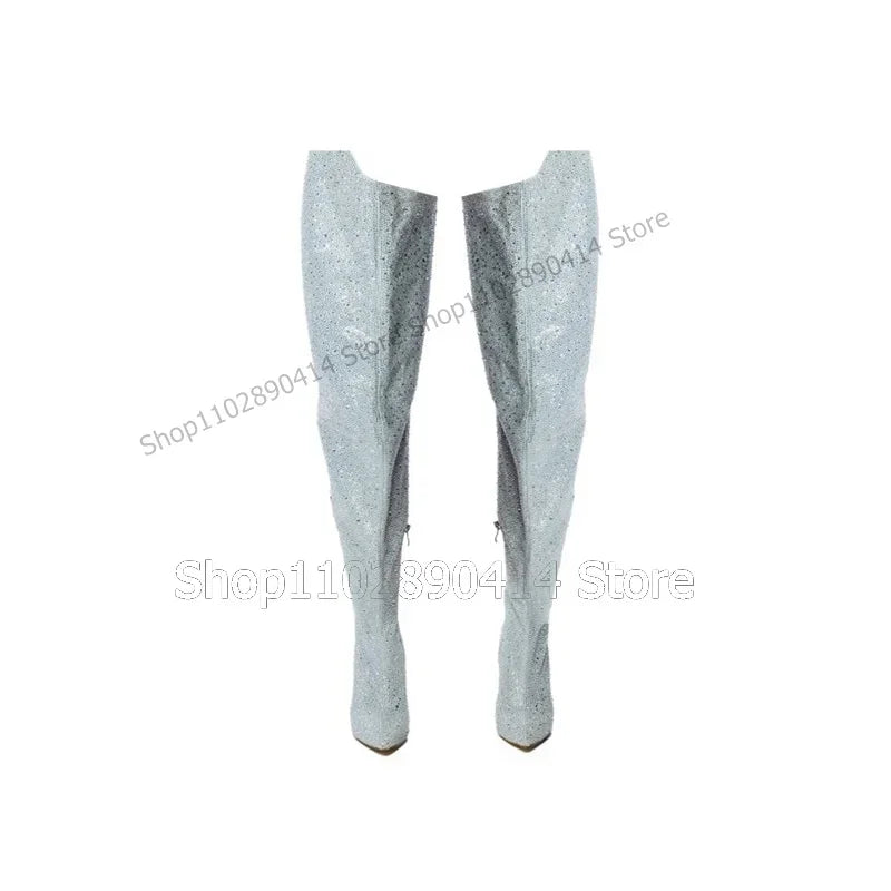 Light Blue Glitter Pointed Toe Stiletto Thigh High Boots For Women
