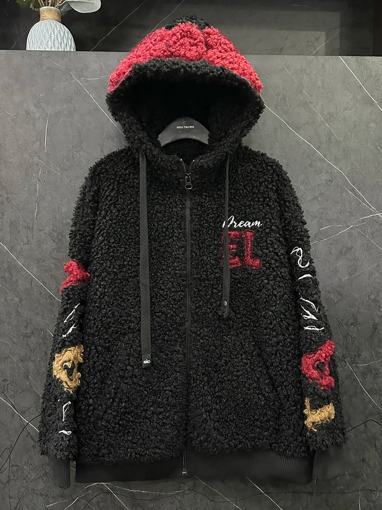 Fashion Autumn Winter Fluffy Overcoat Cute Minnie Loose Hooded Zip Cardigans Coat Mid-long Long Sleeve Sweet Lambswool Jacket