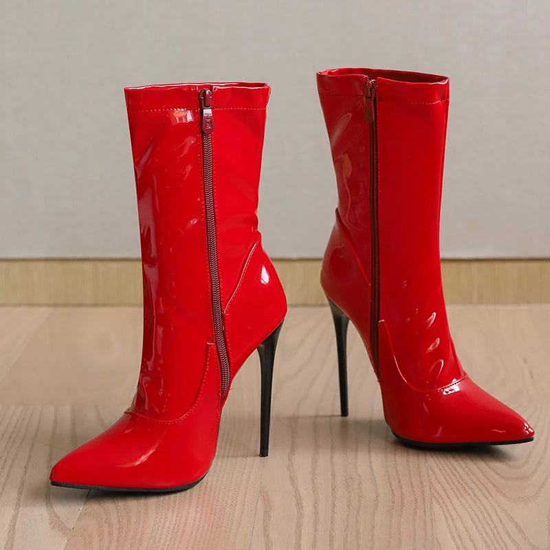 Pointed Toe Patent Leather Stiletto Ankle Boots for Women