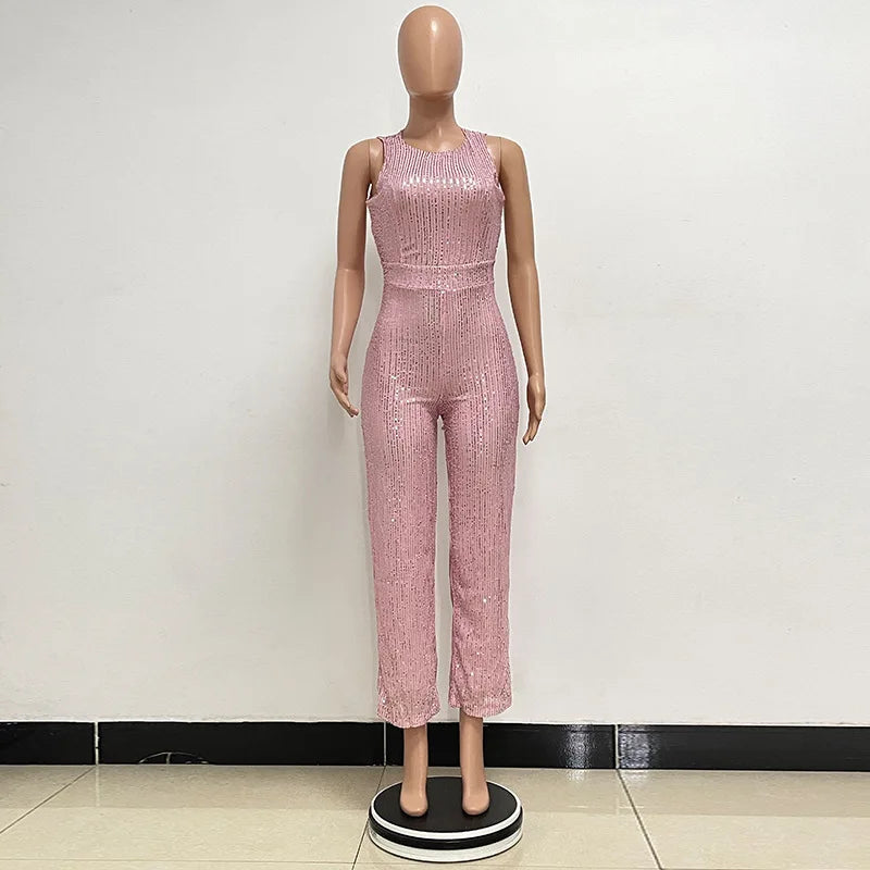 Elegant Silver Sequined Straight Cut Jumpsuit for Women