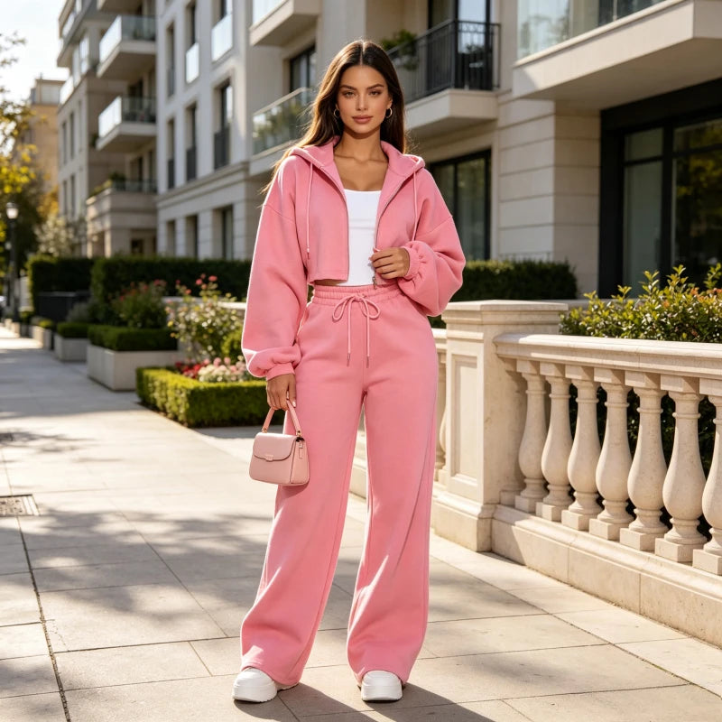 Hooded Zip Jacket and Wide Leg Pants Set for Women