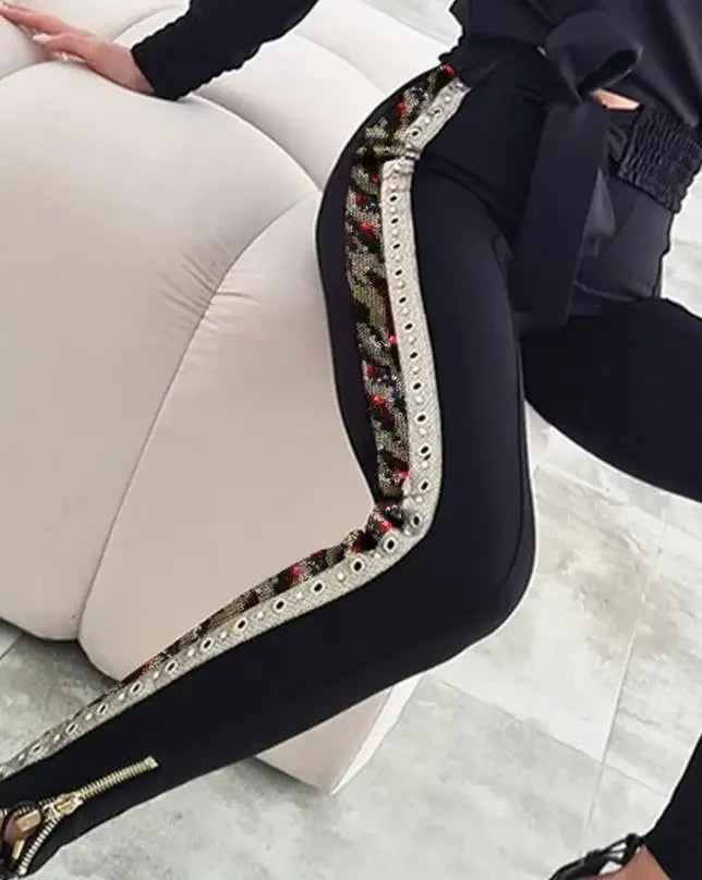 Skinny Two Piece Sets Womens Outifits Fashion Long Sleeve O-Neck Top & Contrast Sequin  Casual High Waist Pants Set 2024 Autumn
