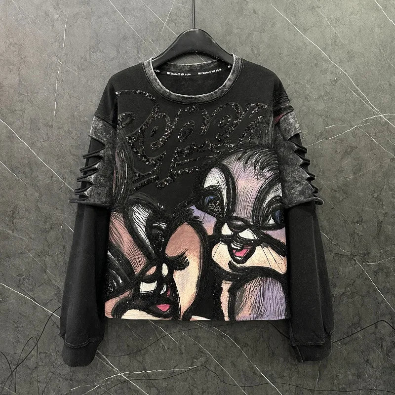 Heavy Industry New Cartoon Distressed Fake Two-Piece Crew Neck Sweatshirt Loose Casual Versatile Top Autumn Long Sleeves Hoodies