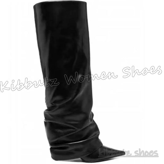 Knee High Boots Turned Over Edge Leather Solid Color Pointy Slip-On Novelty Fashion Elegant Luxury Comfortable Spicy Girls Shoes