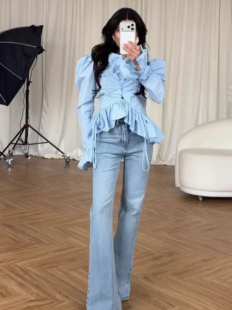 Chic Solid Ruffle Pleated Puff Sleeve Shirt for Women