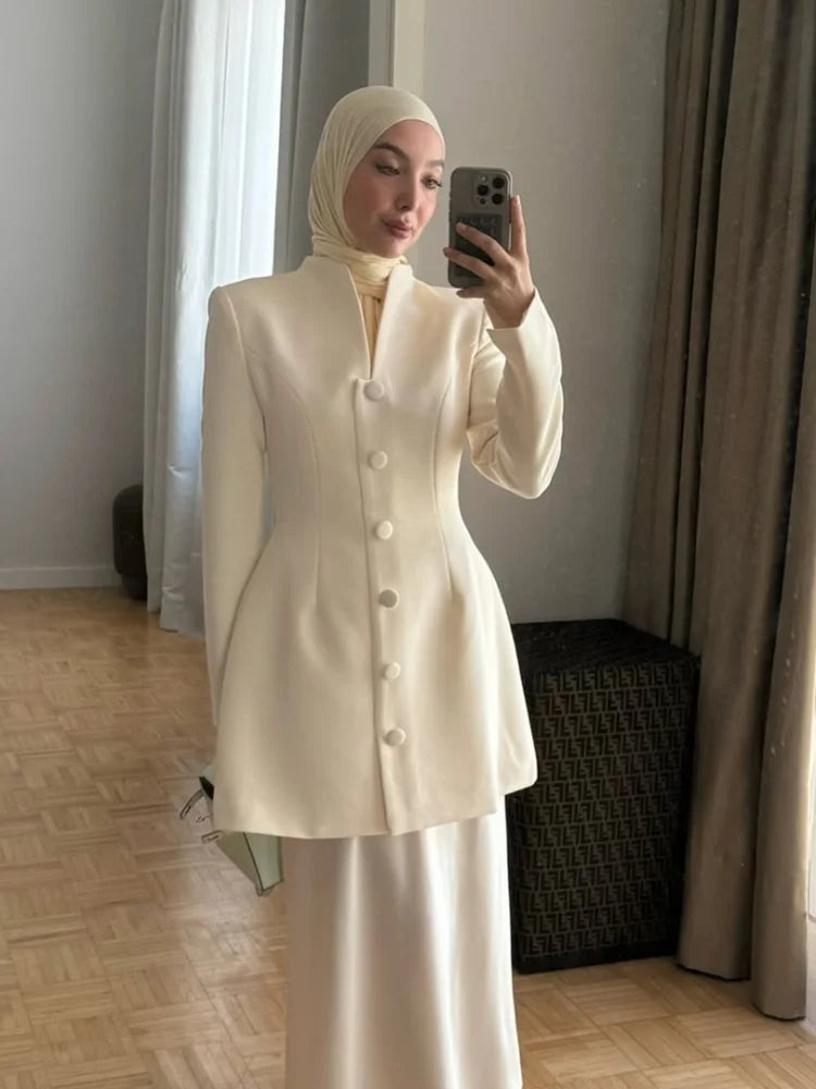 Women Chic Solid A-line Mini Dresses ElegantSingle-breasted V Collar Full Sleeves Short Vestidos Fashion New Lady Commute Gowns