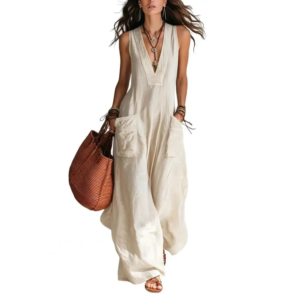 Sleeveless V Neck Loose Wide Leg Casual Jumpsuit For Women