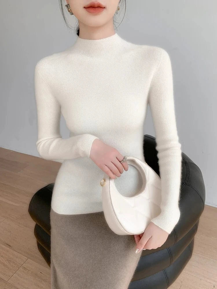 Women 100% Cashmere Sweater Mock Neck Pullover Autumn Winter Slim Basic Cashmere Knitwear Soft Warm High Strecth Pullover Tops