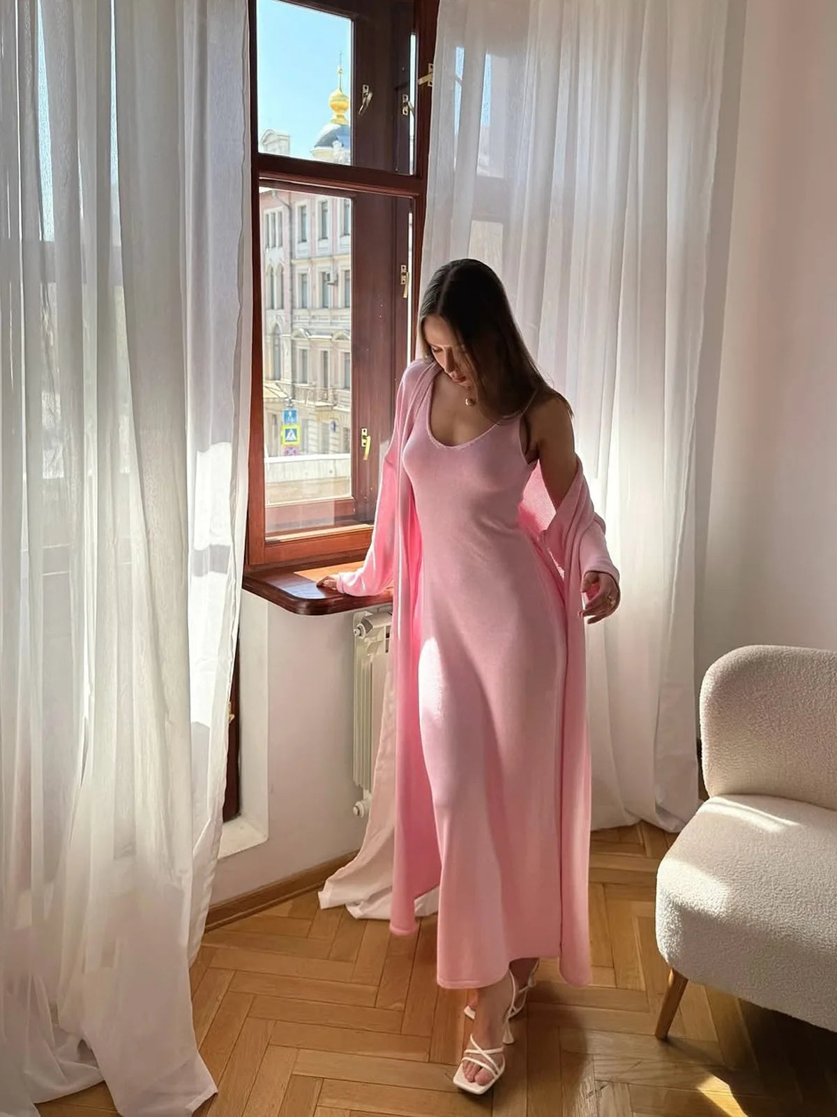 V-Neck Ribbed Knit Maxi Dress Set