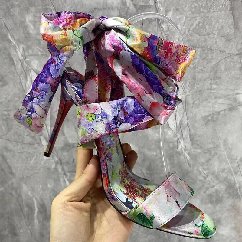 Printed Satin Ankle Strap Heels