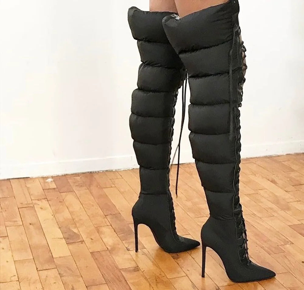 Black Over The Knee Lace Up Stiletto Boots For Women