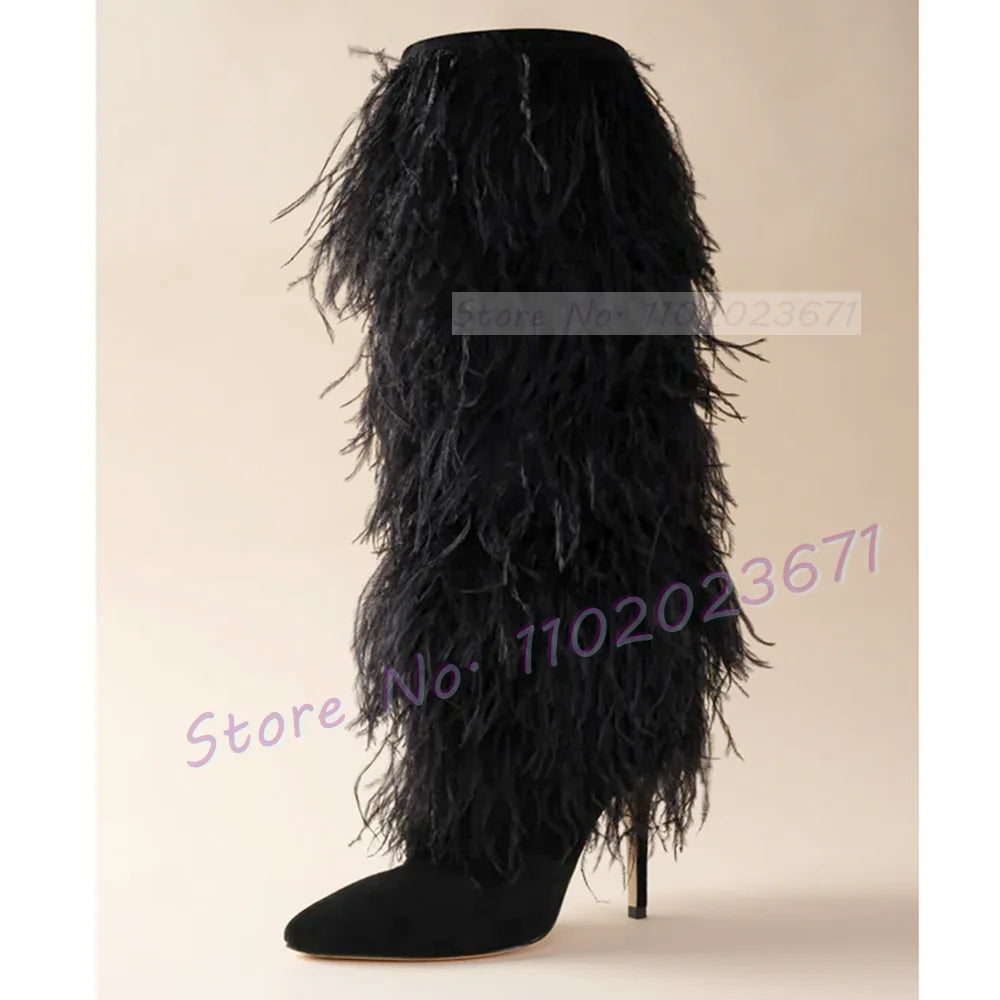 White Feather Pointed Toe Suede Side Zip Boots for Women