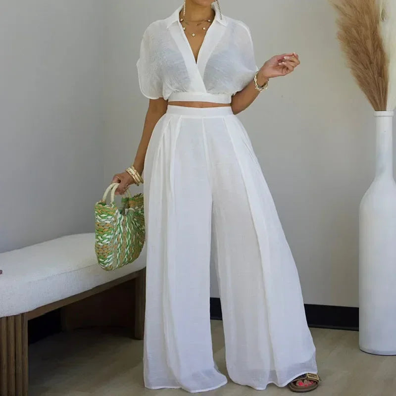 Relaxed Casual Crop Top And Wide Leg Pants Set for Women
