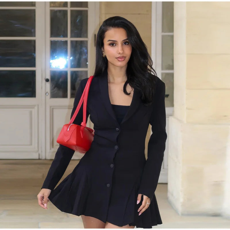 V Neck Pleated Patchwork With Long Sleeves Dress for Women