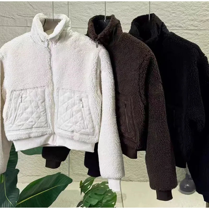 Elegant Lamb Women's Coat Vintage Stand Collar Thicken Full Sleeve Pockets Jacket Female 2025 Autumn Winter Woman Coats Outwears