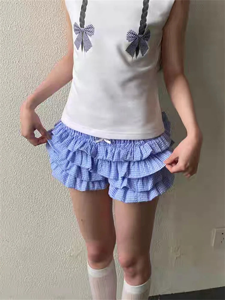 Layered Ruffle Elastic Waist Plaid Shorts for Women