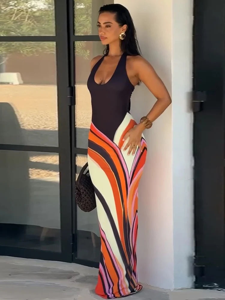 Sleeveless Backless Contrast Halter Maxi Dress for Women