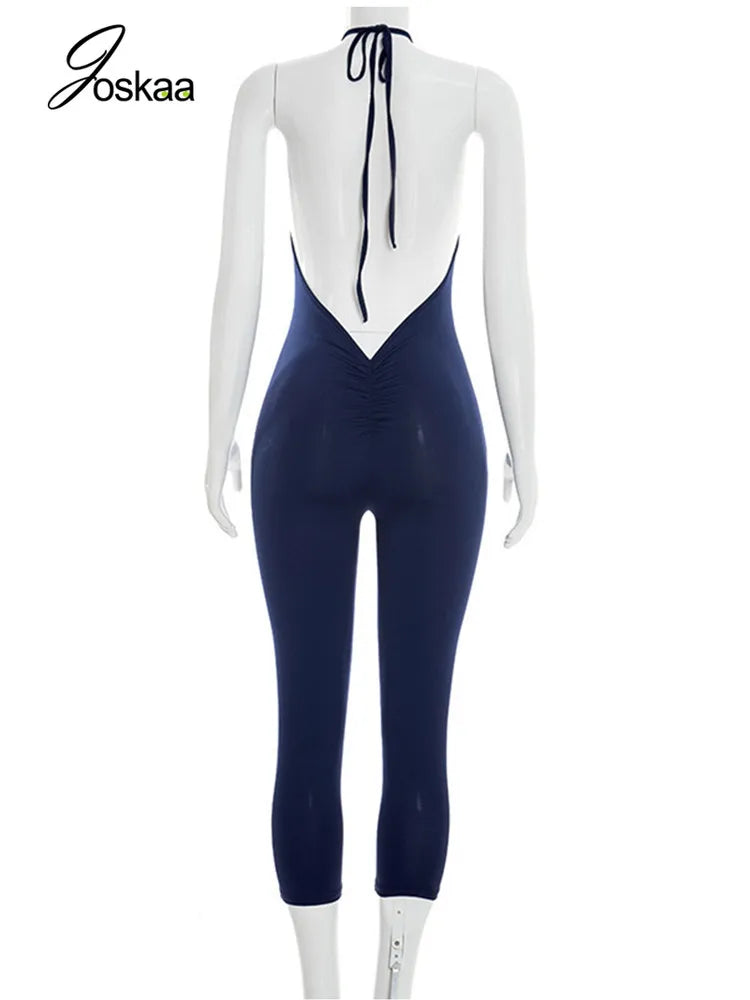 Backless Ruched Halter Neck Capri Jumpsuit for Women