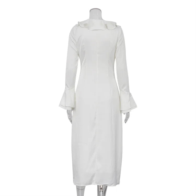 TARUXY Ruffle V Neck Elegant Dress For Women Slim Long Sleeve High Waist Temperament Dresses Femme Party Slit Long Dress Woman