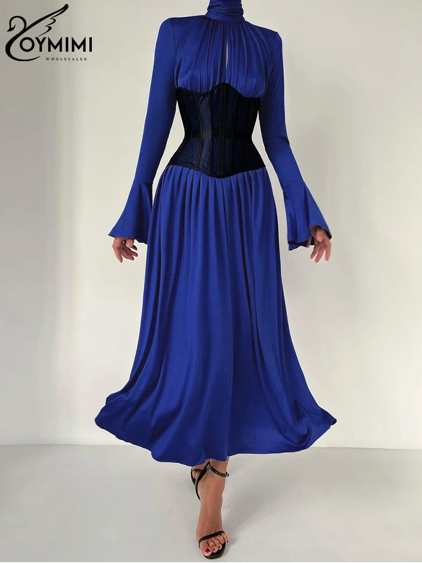 Oymimi Sexy Slim Blue Knitted Women'S Dress Fashion Turtleneck Long Sleeve Ankle Length Dress Elegant Pleated Hollow Out Dress