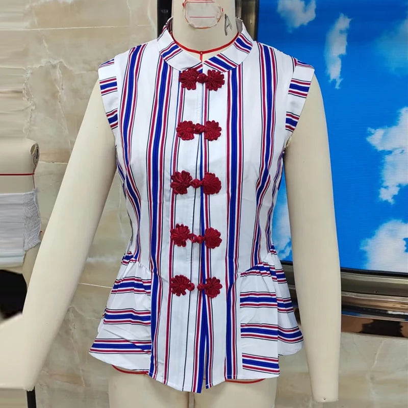 Striped Mandarin Collar Peplum With Button Front Top for Women