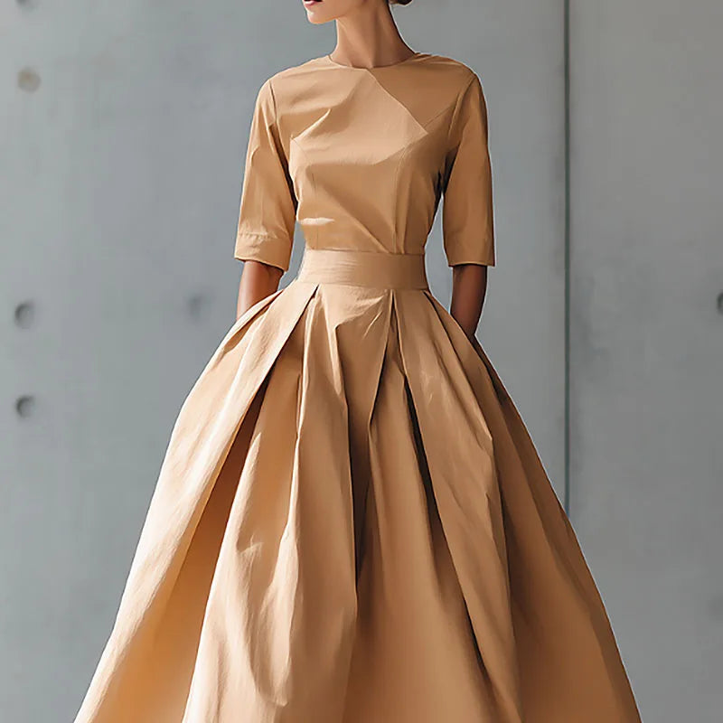 2026 Spring New O Neck Swing Long Party Dress Woman Casual Solid High Waist Pocket Pleated Dress Fall 3/4 Sleeve Boho Maxi Dress