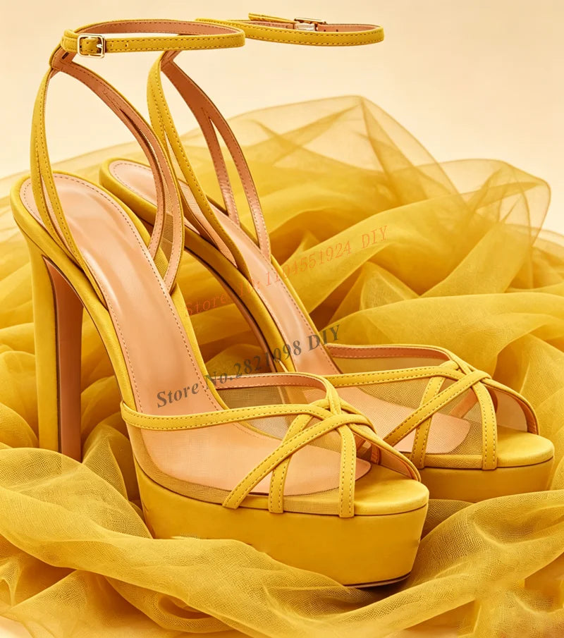 Open Toe Suede Trimmed Mesh Platform Sandals for Women
