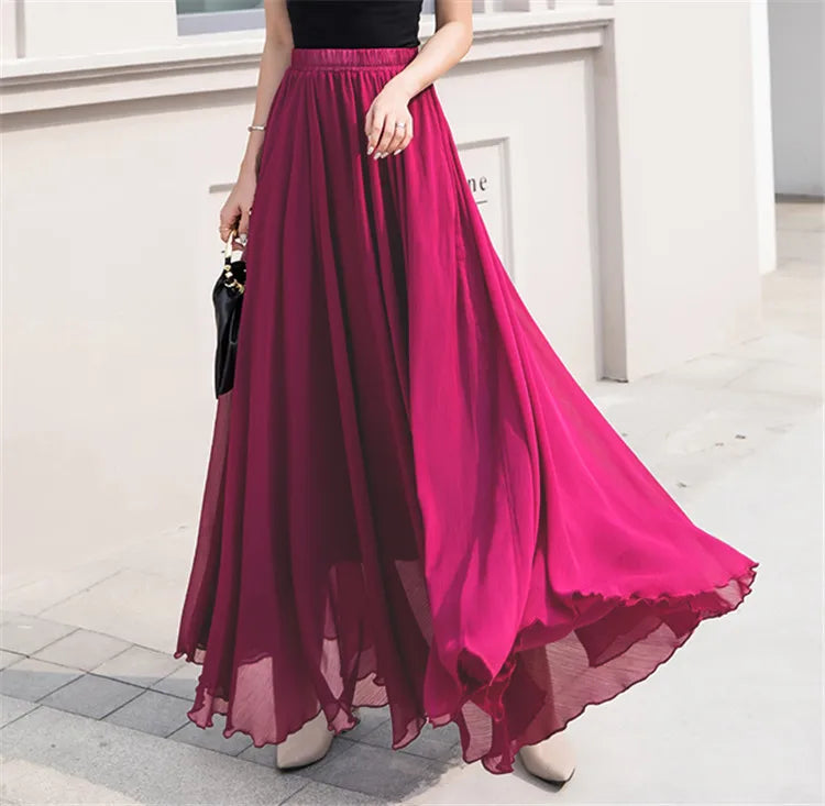 Elegant Solid Color Chiffon A-Line Skirt with High Waist for Women