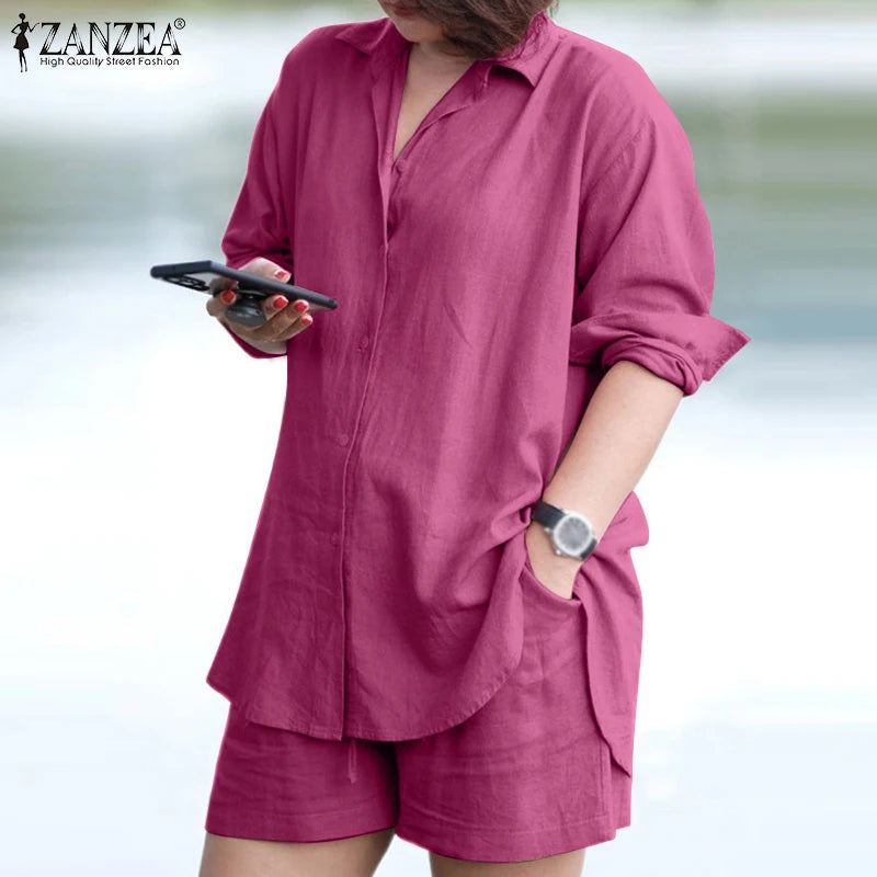 ZANZEA Woman Vintage Solid Matching Sets Spring Casual Street Suit Long Sleeve Lapel Shirt Loose Shorts Elegant Tracksuit