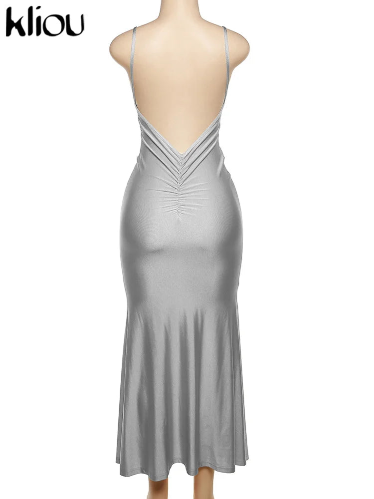 Shiny Spaghetti Strap Backless Ruched Maxi Dress for Women