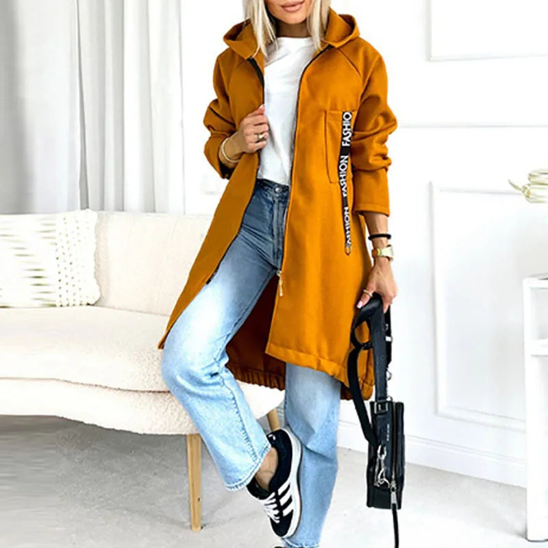 Autumn Winter Pockets Spliced Zipper Coat New Thick Warm Solid Color Women's Jacket Hooded Sports Long Sleeved Lady Outerwear