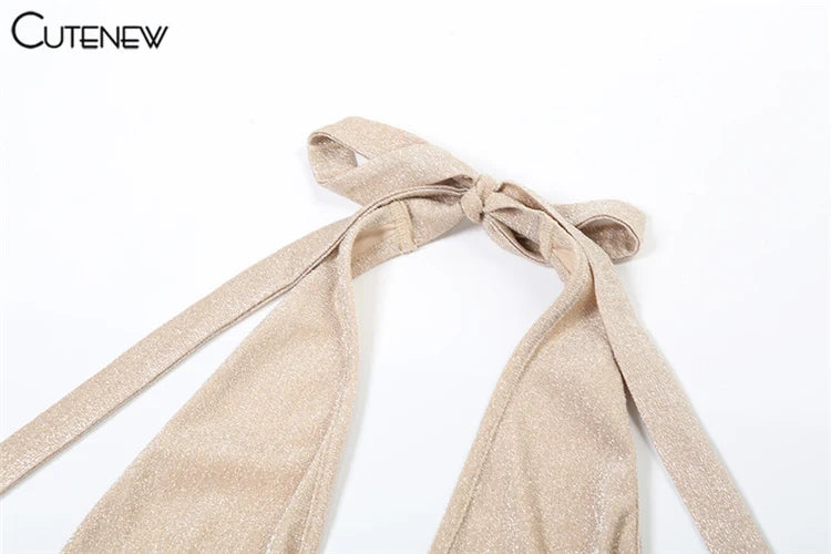 Cutenew Halter Shiny Maxi Dress Women Trend Elegant Bandage Backless Cut Out Low Neck Sleeveless Bodycon Female High Street Robe