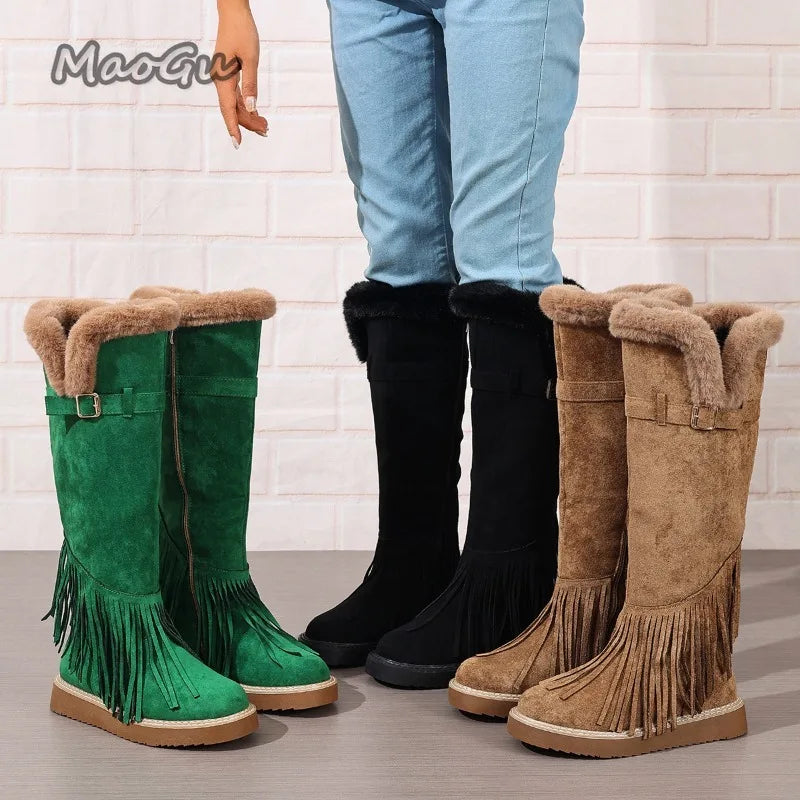 Faux Fur Lined Suede Knee High Fringe Boots for Women