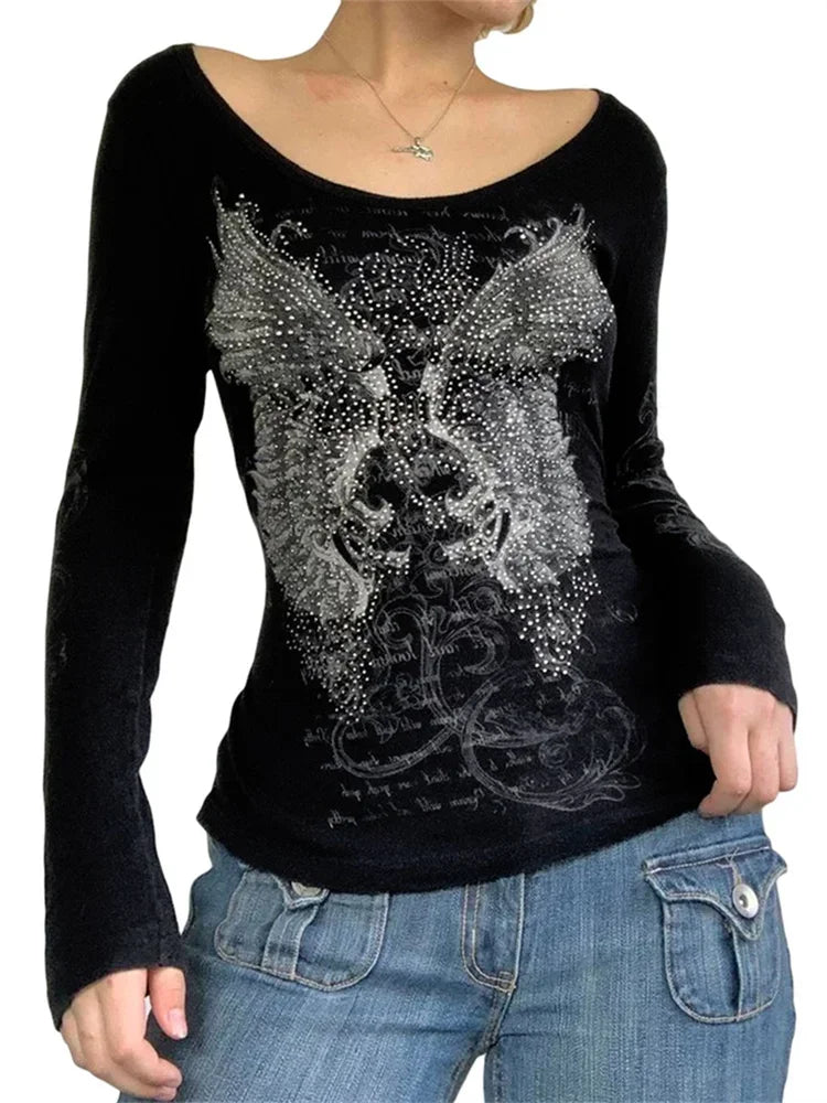 Gothic Rhinestone Graphic Long Sleeve Tee for Women