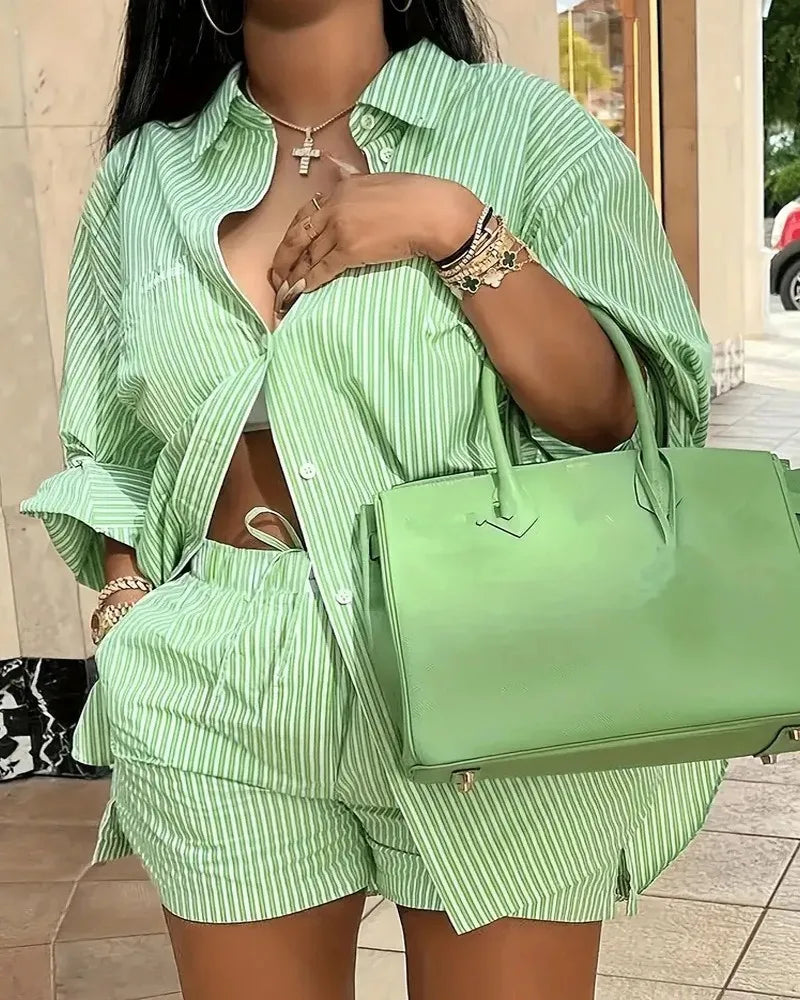 Casual Geometric Print Shirt Shorts Two Piece Set for Women