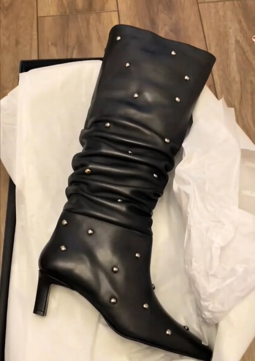 Black Studded Slouch Knee Boots